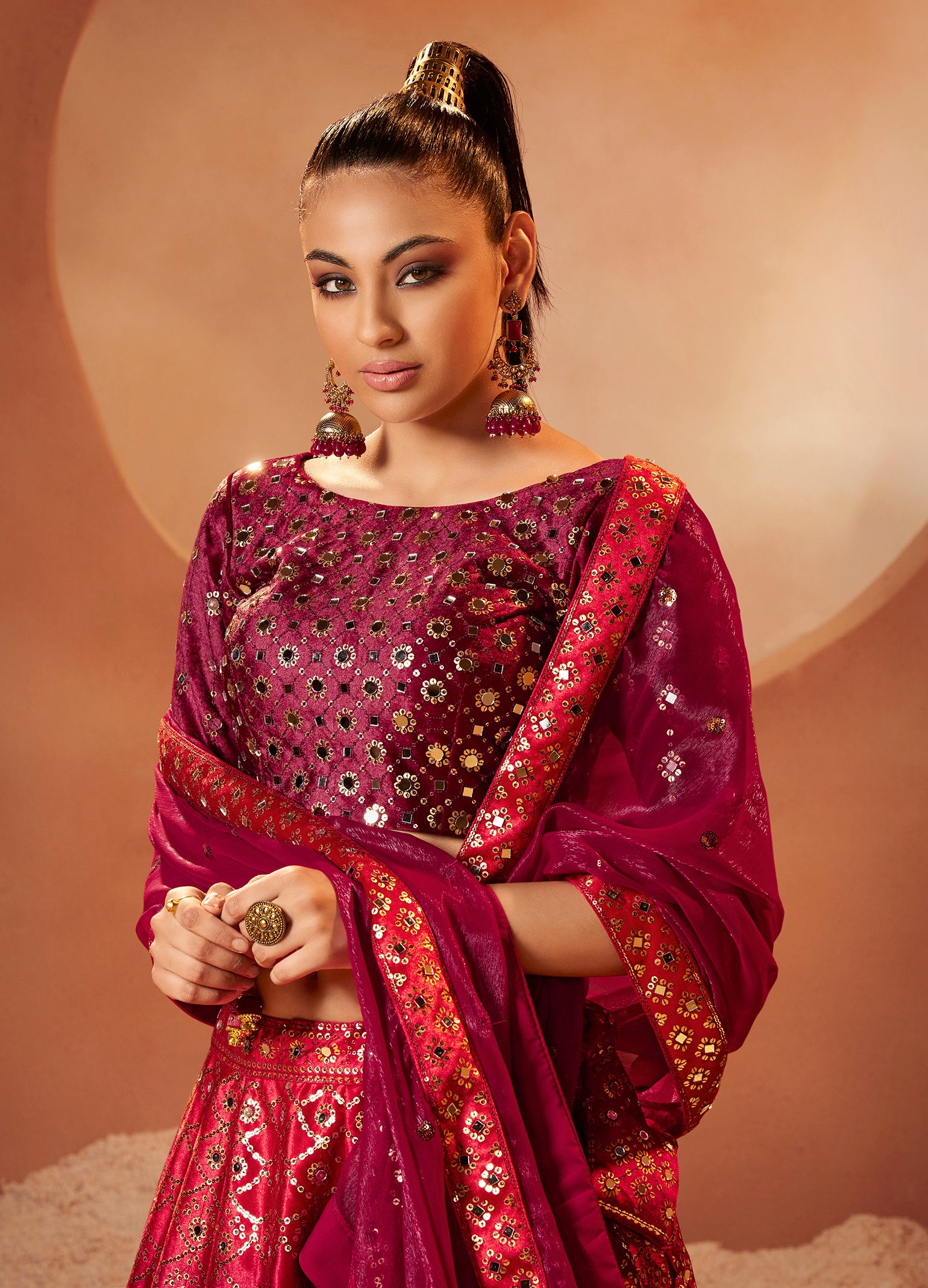 Wonderful Magenta Color Mirror & Sequence Work Velvet Lehenga Choli Clothsvilla