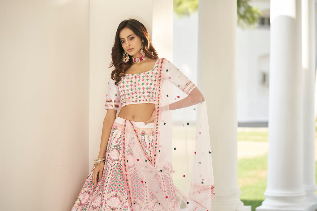 Wonderful White Thread Embroidered Silk Party Wear Lehenga Choli ClothsVilla