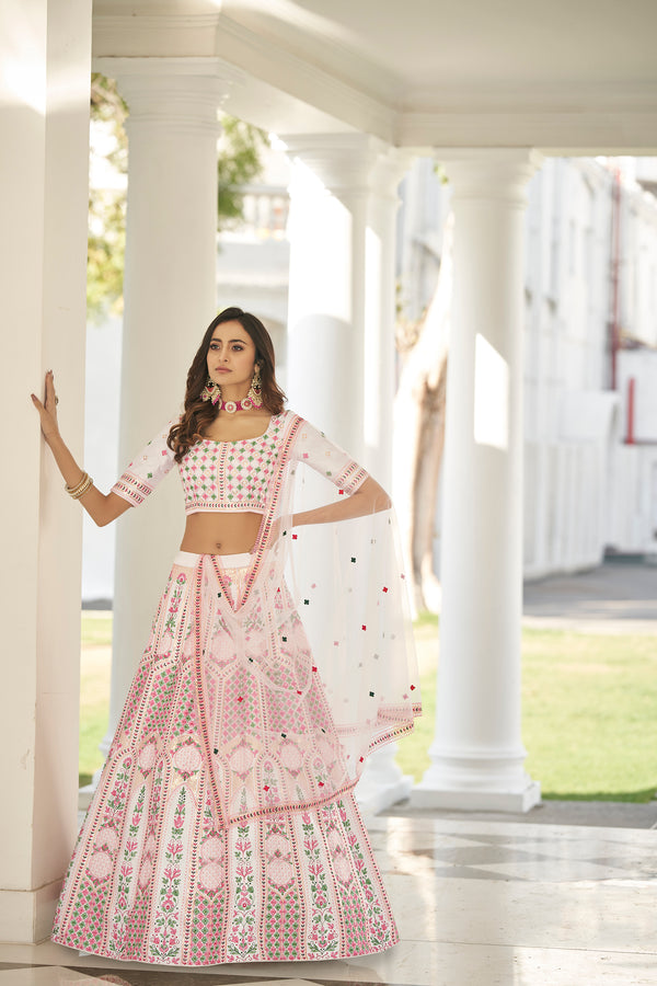 Wonderful White Thread Embroidered Silk Party Wear Lehenga Choli ClothsVilla