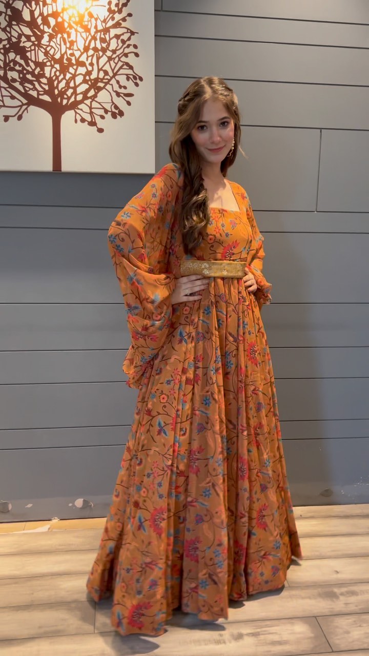 Orange Maxi Dress with Digital Print and Embroidery Work ClothsVilla