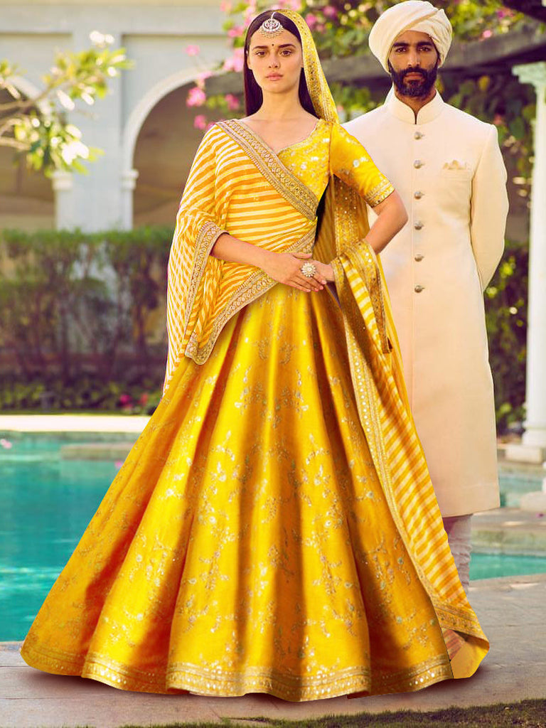 Marvelous Yellow Color Bridalwear Embroidered Lehenga Choli ClothsVilla