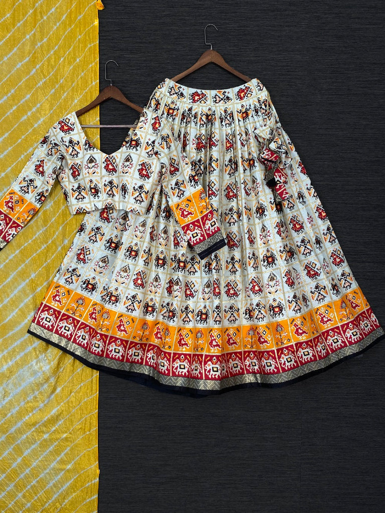 Yellow Color Foil And Printed Pure Cotton Lehenga Choli With Original Leheriya Bandhej Silk Dupatta Clothsvilla