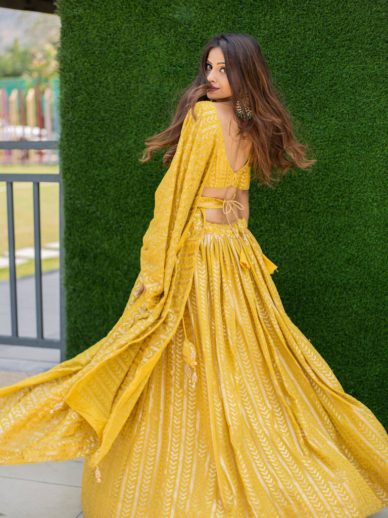 Yellow Color Sequins Embroidery Work Georgette Haldi Lehenga Choli With Batwa Clothsvilla