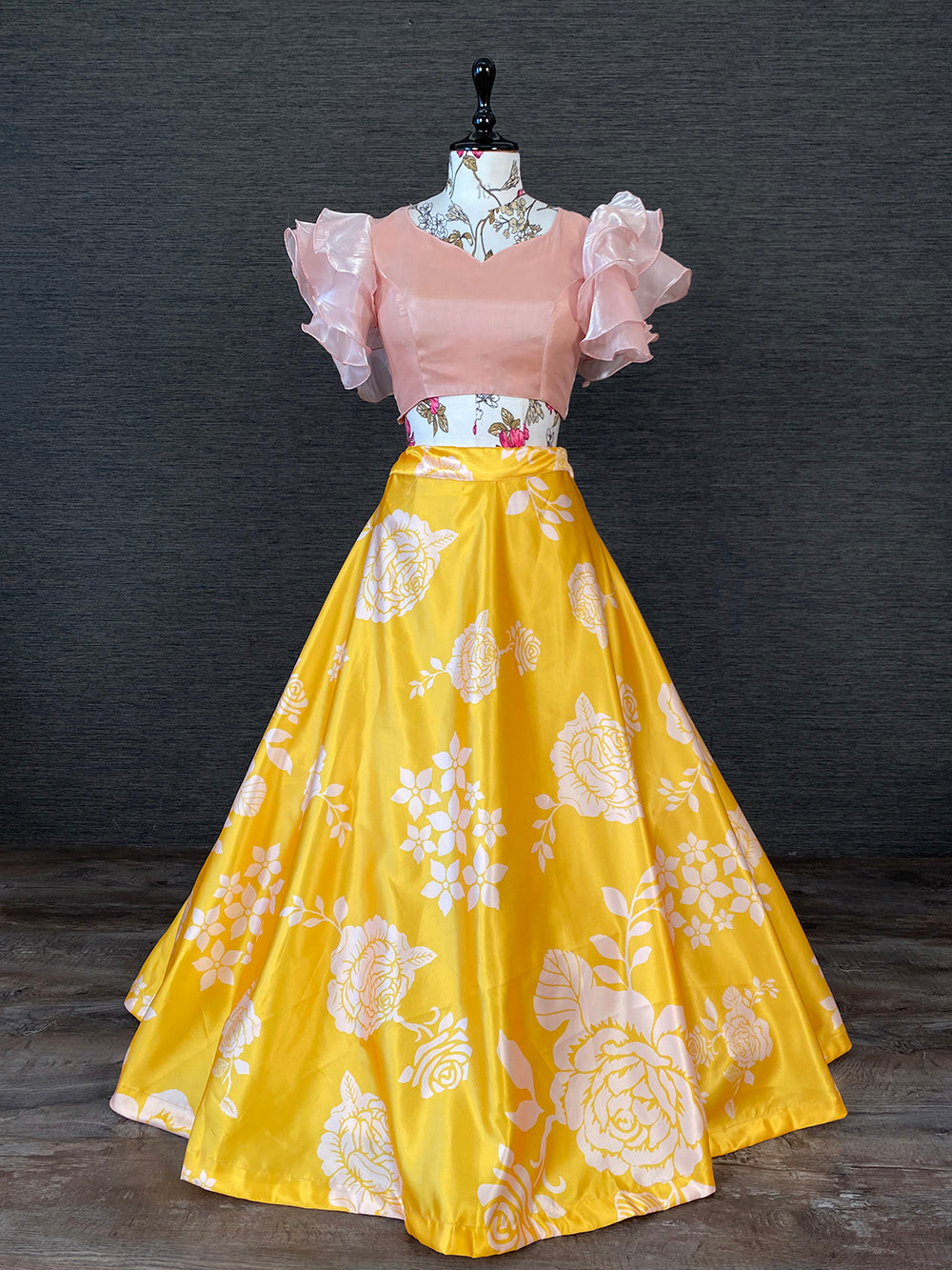 Yellow Color Heavy Dull Satin Floral Digital Printed Lehenga Crop Top Clothsvilla
