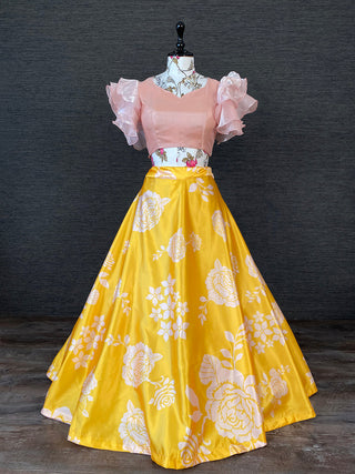 Yellow Color Heavy Dull Satin Floral Digital Printed Lehenga Crop Top Clothsvilla