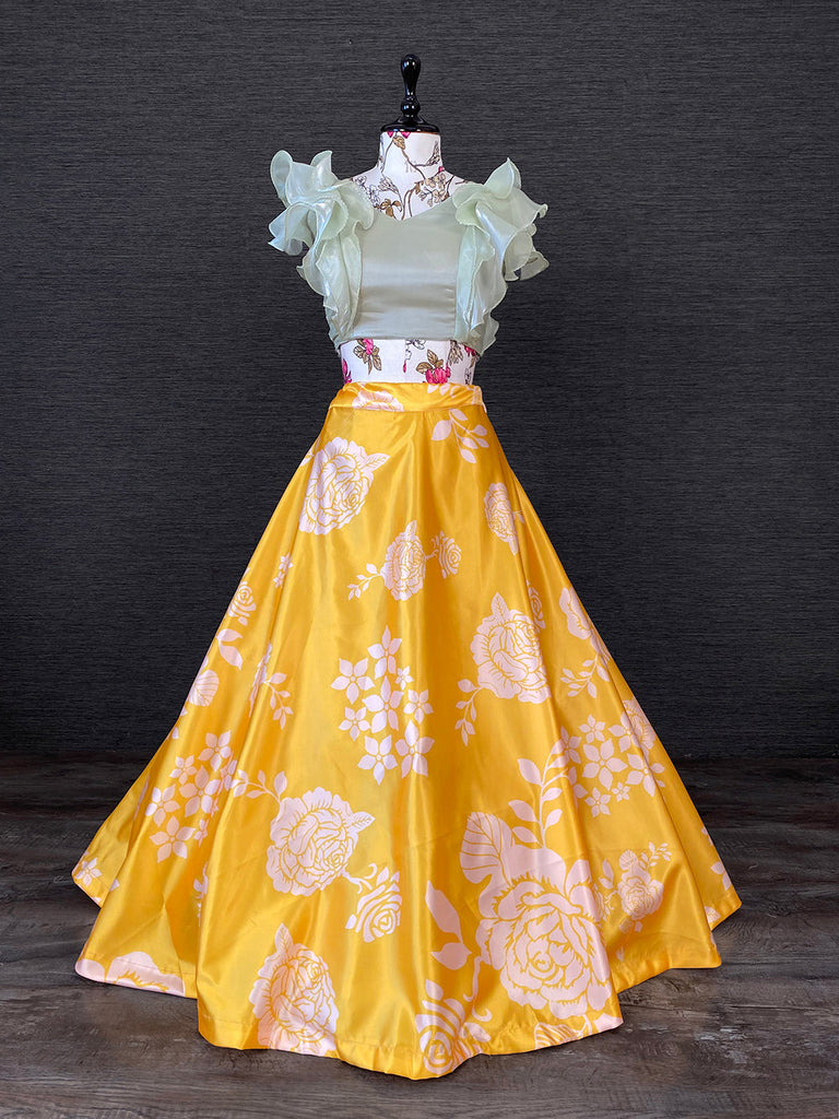 Yellow Color Heavy Dull Satin Floral Digital Printed Lehenga With Pista Color Varisa Silk Choli Clothsvilla