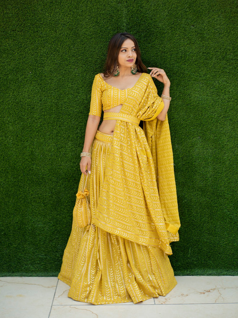 Alluring Yellow Embroidered Silk Haldi Wear Lehenga Choli With Dupatta -S | Lehenga  choli, Designer lehenga choli, Yellow lehenga