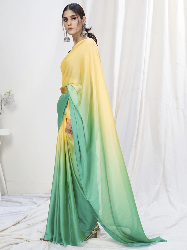 Yellow-Teal Ready to Wear One Minute Lycra Saree ClothsVilla