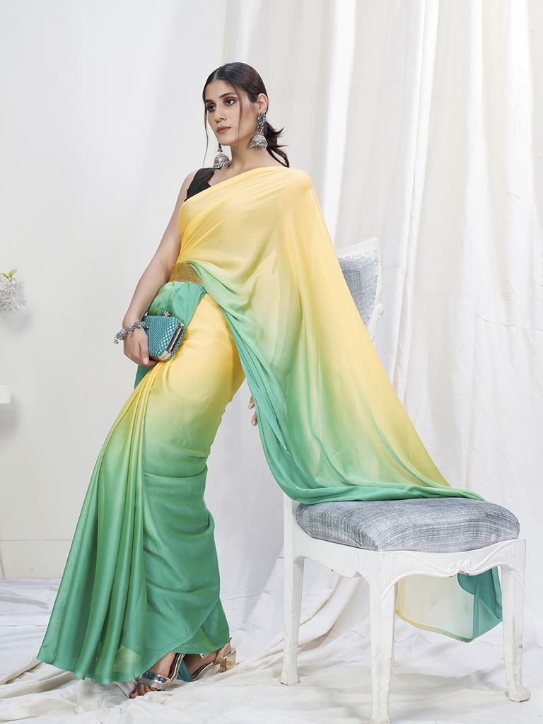 Yellow-Teal Ready to Wear One Minute Lycra Saree ClothsVilla