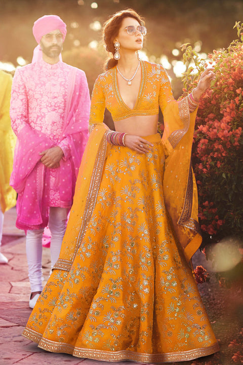 Hypnotic Yellow Colored Wedding Wear Embroidered Satin Lehenga Choli ClothsVilla Main image