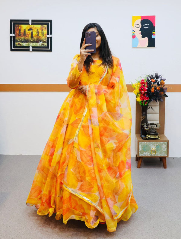 Yellow Anarkali Gown in Organza with Digital Print ClothsVilla