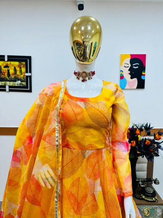 Yellow Anarkali Gown in Organza with Digital Print ClothsVilla
