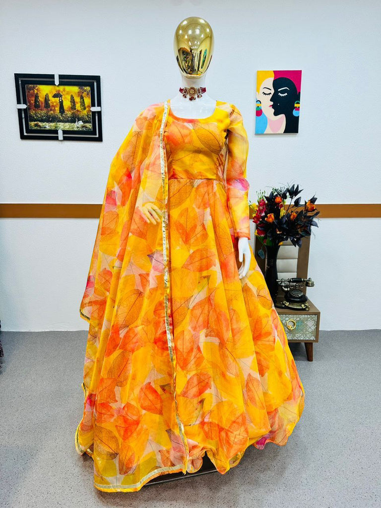 Yellow Anarkali Gown in Organza with Digital Print ClothsVilla
