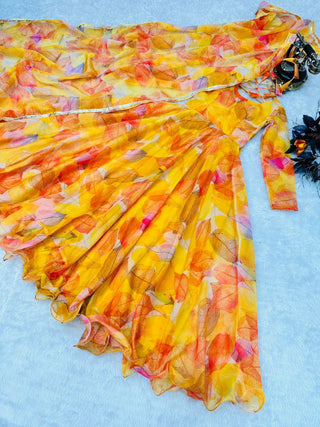 Yellow Anarkali Gown in Organza with Digital Print ClothsVilla