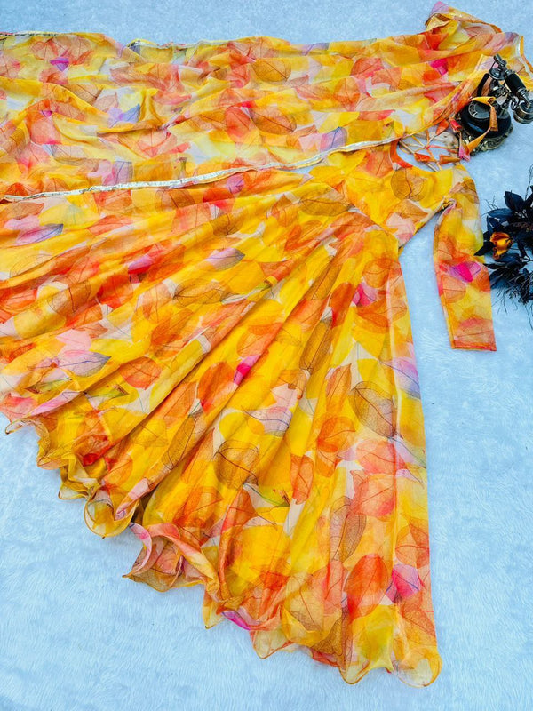 Yellow Anarkali Gown in Organza with Digital Print ClothsVilla
