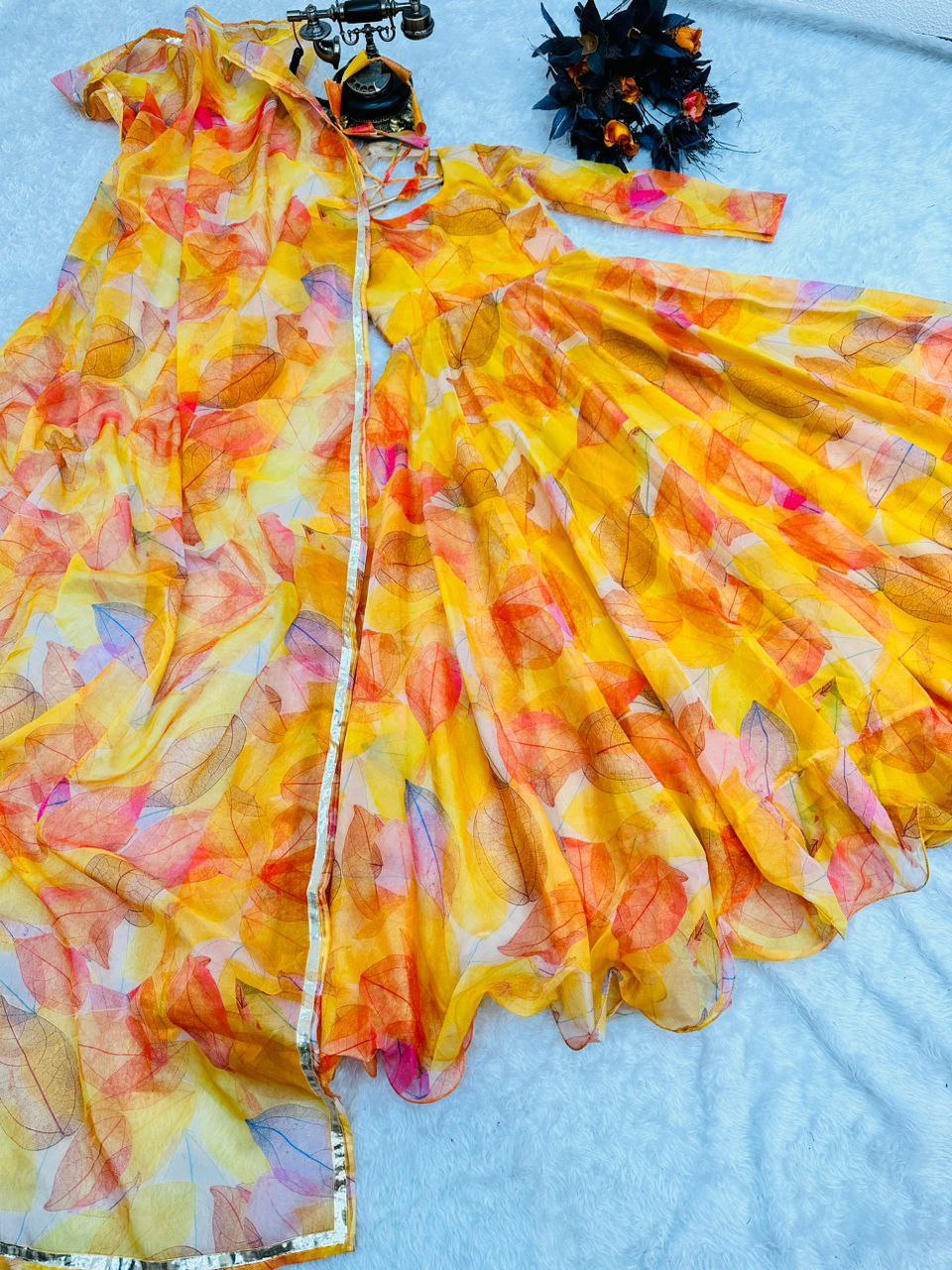 Yellow Anarkali Gown in Organza with Digital Print ClothsVilla