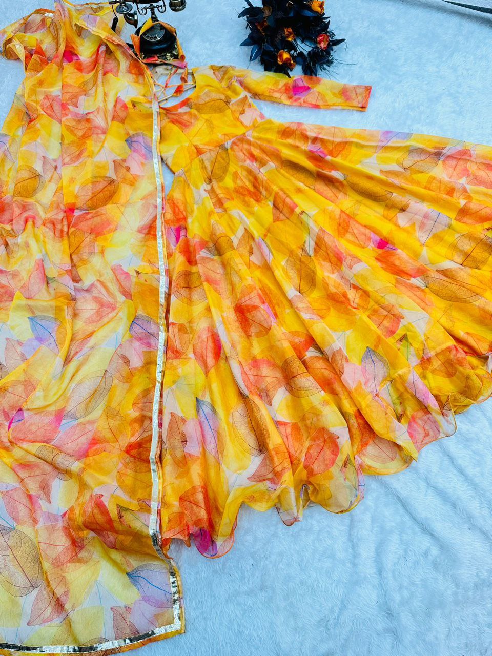 Yellow Anarkali Gown in Organza with Digital Print ClothsVilla