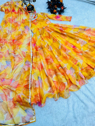 Yellow Anarkali Gown in Organza with Digital Print ClothsVilla