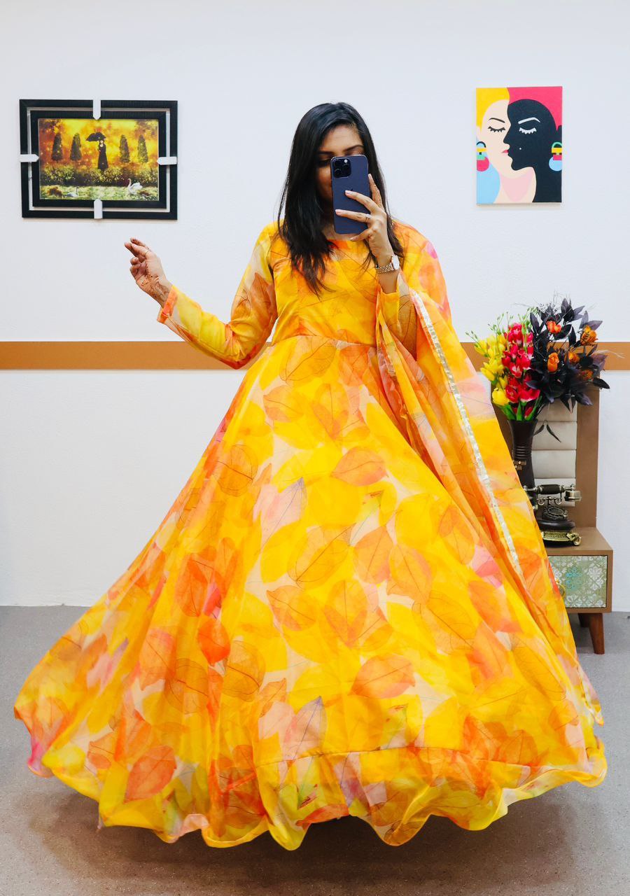 Yellow Anarkali Gown in Organza with Digital Print ClothsVilla