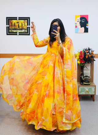 Yellow Anarkali Gown in Organza with Digital Print ClothsVilla