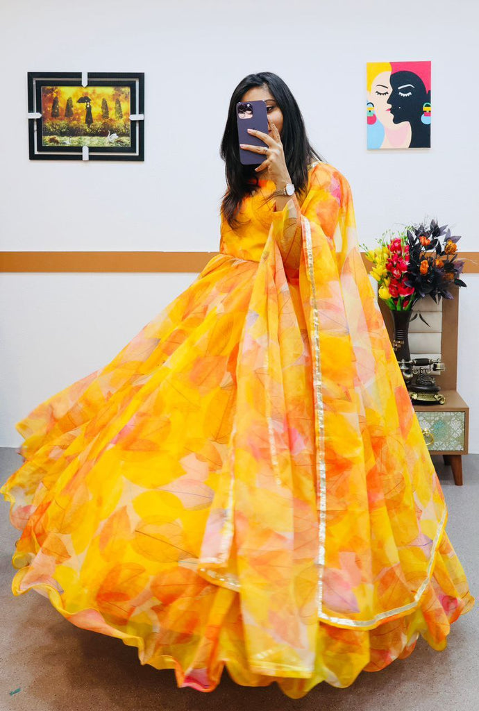 Yellow Anarkali Gown in Organza with Digital Print ClothsVilla
