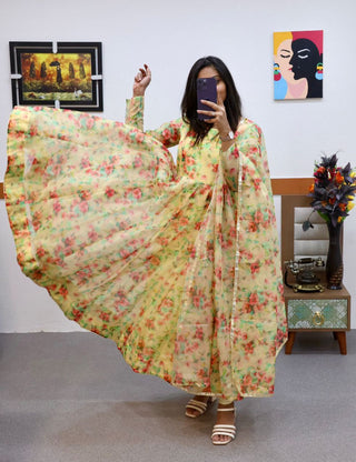 Yellow Anarkali Gown in Organza with Floral Print ClothsVilla