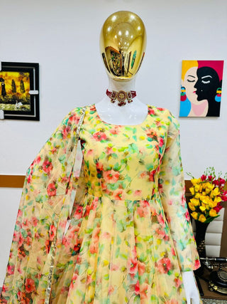 Yellow Anarkali Gown in Organza with Floral Print ClothsVilla