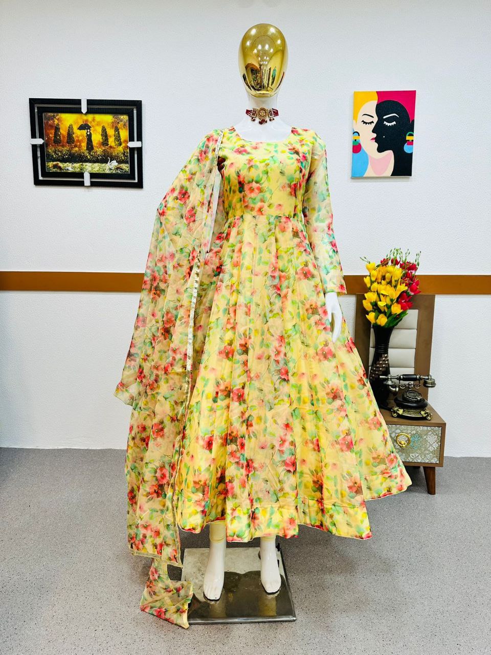 Yellow Anarkali Gown in Organza with Floral Print ClothsVilla