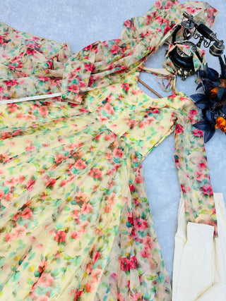 Yellow Anarkali Gown in Organza with Floral Print ClothsVilla