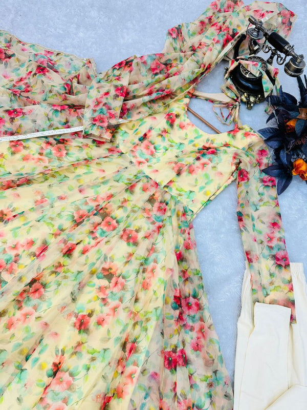 Yellow Anarkali Gown in Organza with Floral Print ClothsVilla