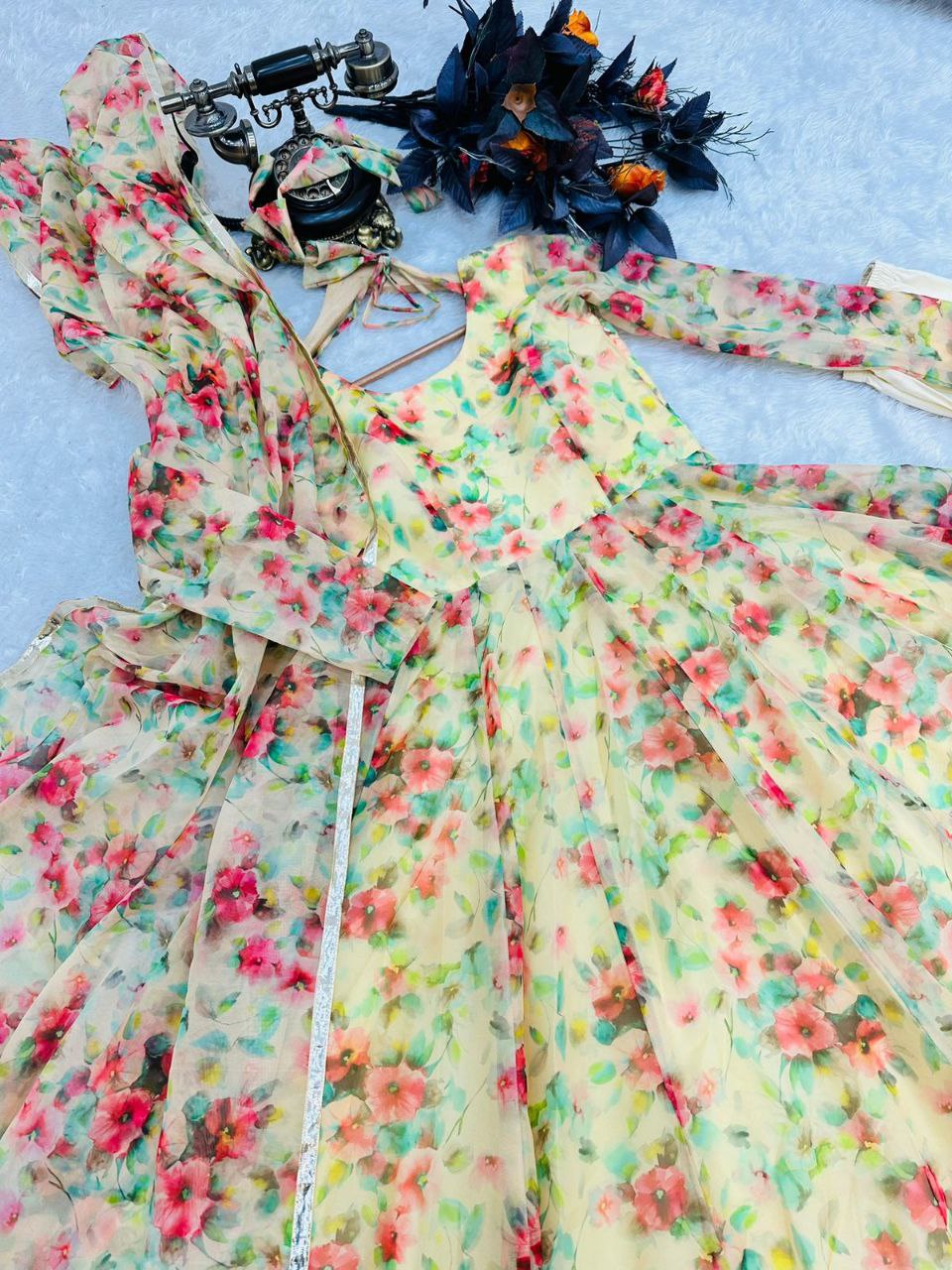 Yellow Anarkali Gown in Organza with Floral Print ClothsVilla