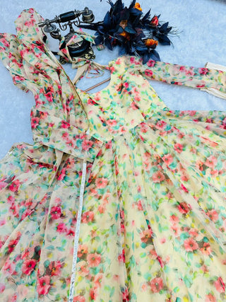Yellow Anarkali Gown in Organza with Floral Print ClothsVilla