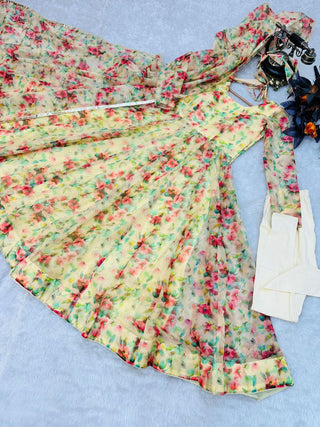 Yellow Anarkali Gown in Organza with Floral Print ClothsVilla