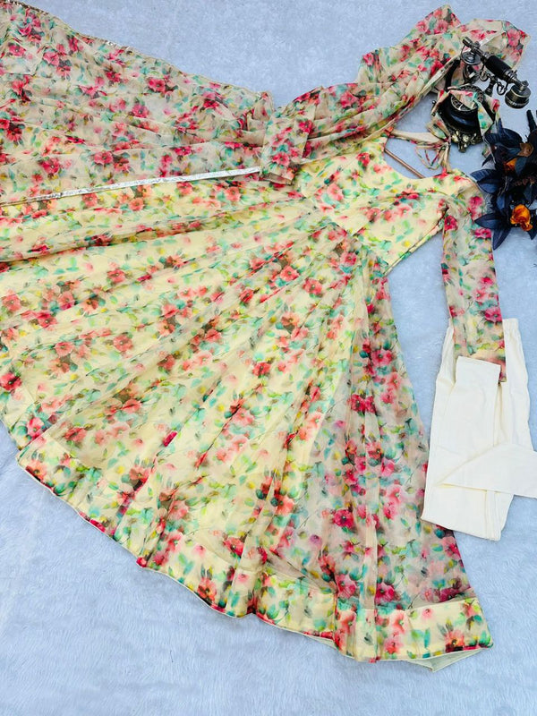 Yellow Anarkali Gown in Organza with Floral Print ClothsVilla