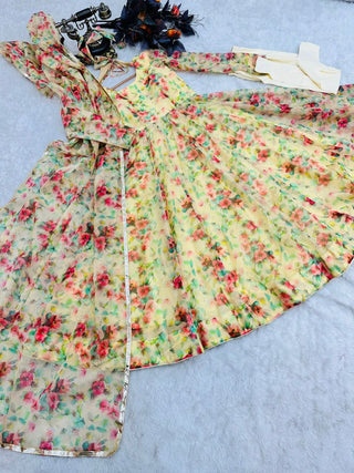 Yellow Anarkali Gown in Organza with Floral Print ClothsVilla