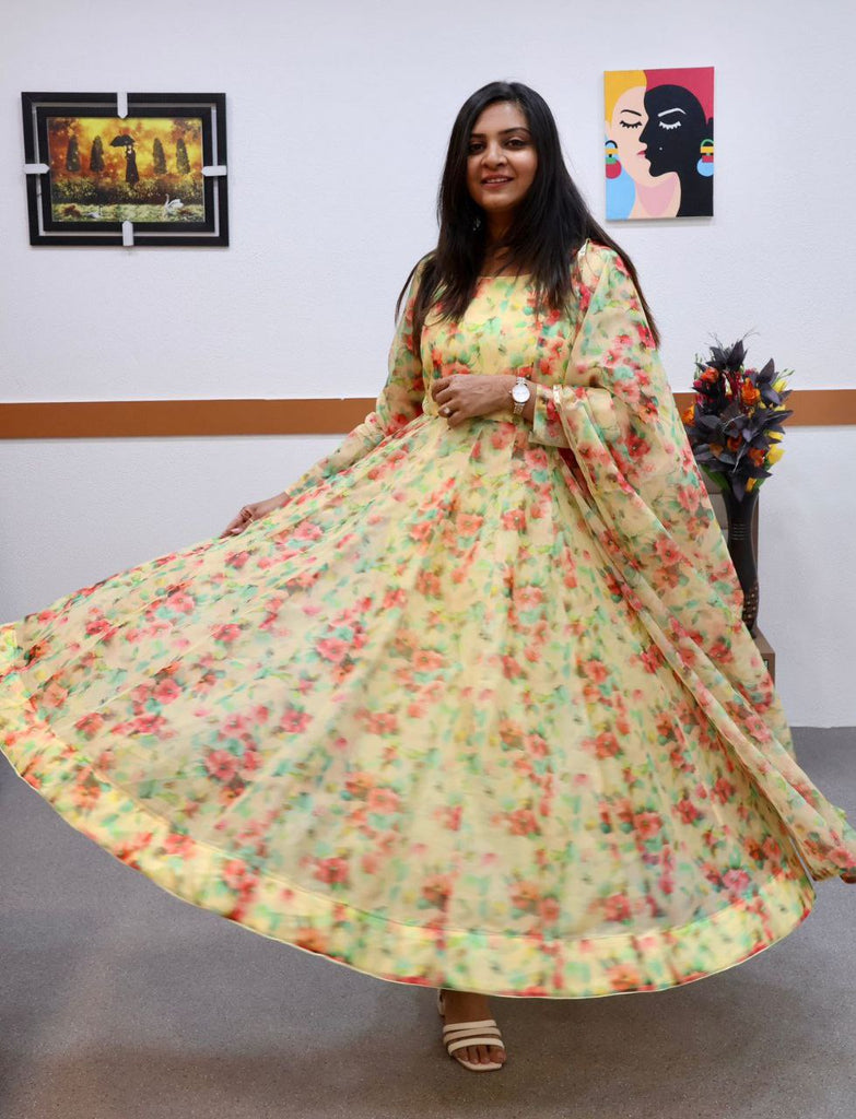 Yellow Anarkali Gown in Organza with Floral Print ClothsVilla