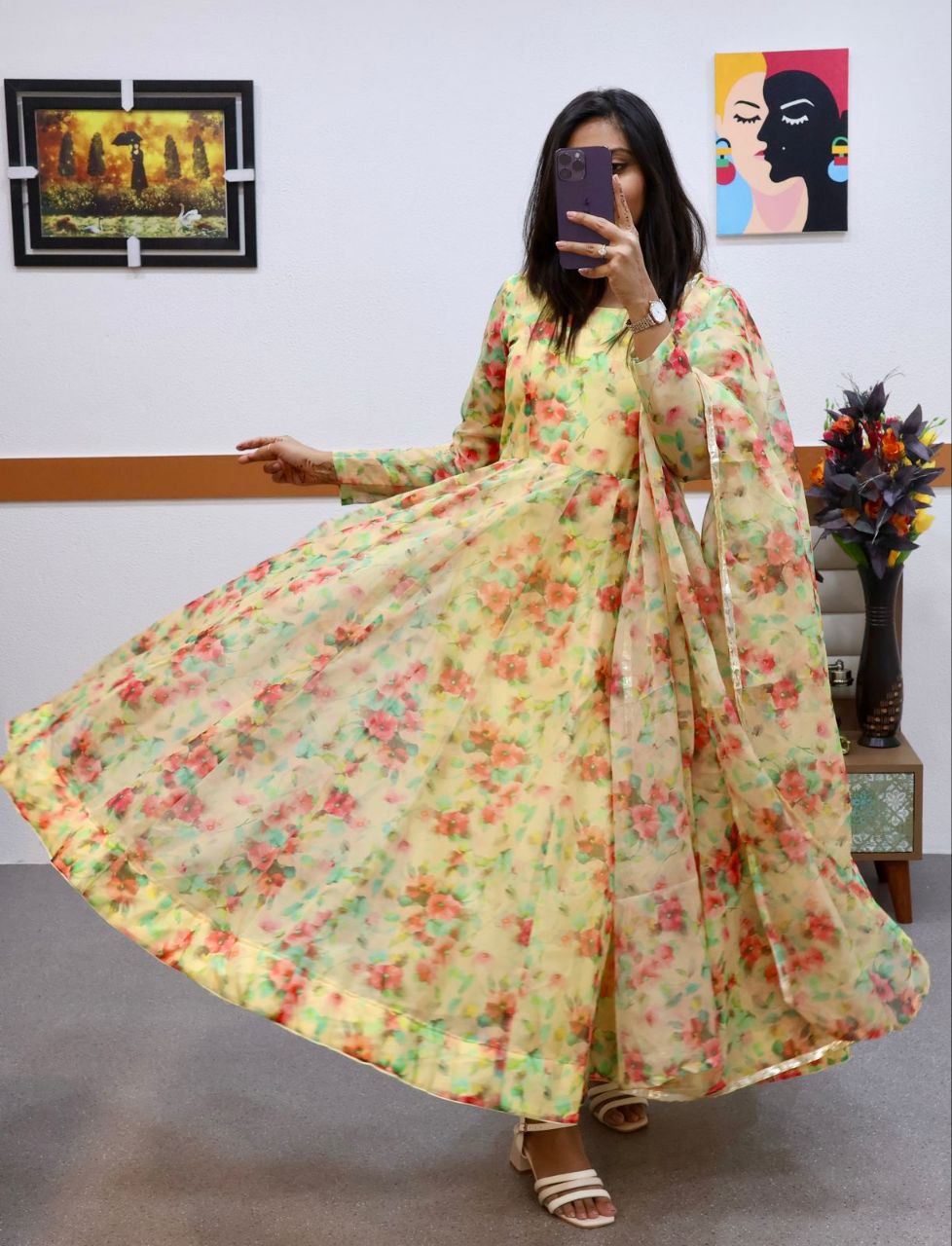 Yellow Anarkali Gown in Organza with Floral Print ClothsVilla Main image