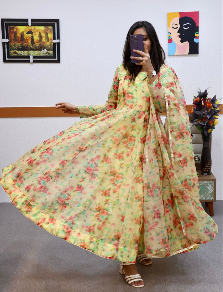 Yellow Anarkali Gown in Organza with Floral Print ClothsVilla