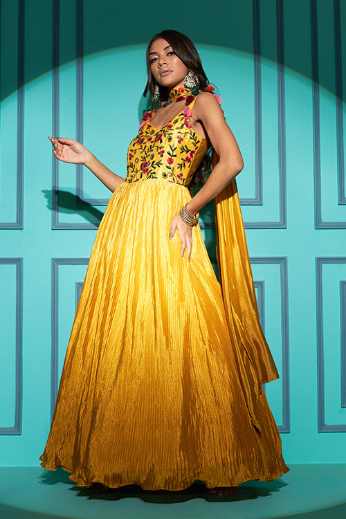 Yellow Color Embroidered Ready to Wear Anarkali Gown Collection ClothsVilla.com