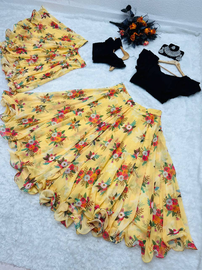 Yellow Color Floral Printed Lehenga with Black Top Mother Daughter Combo Clothsvilla