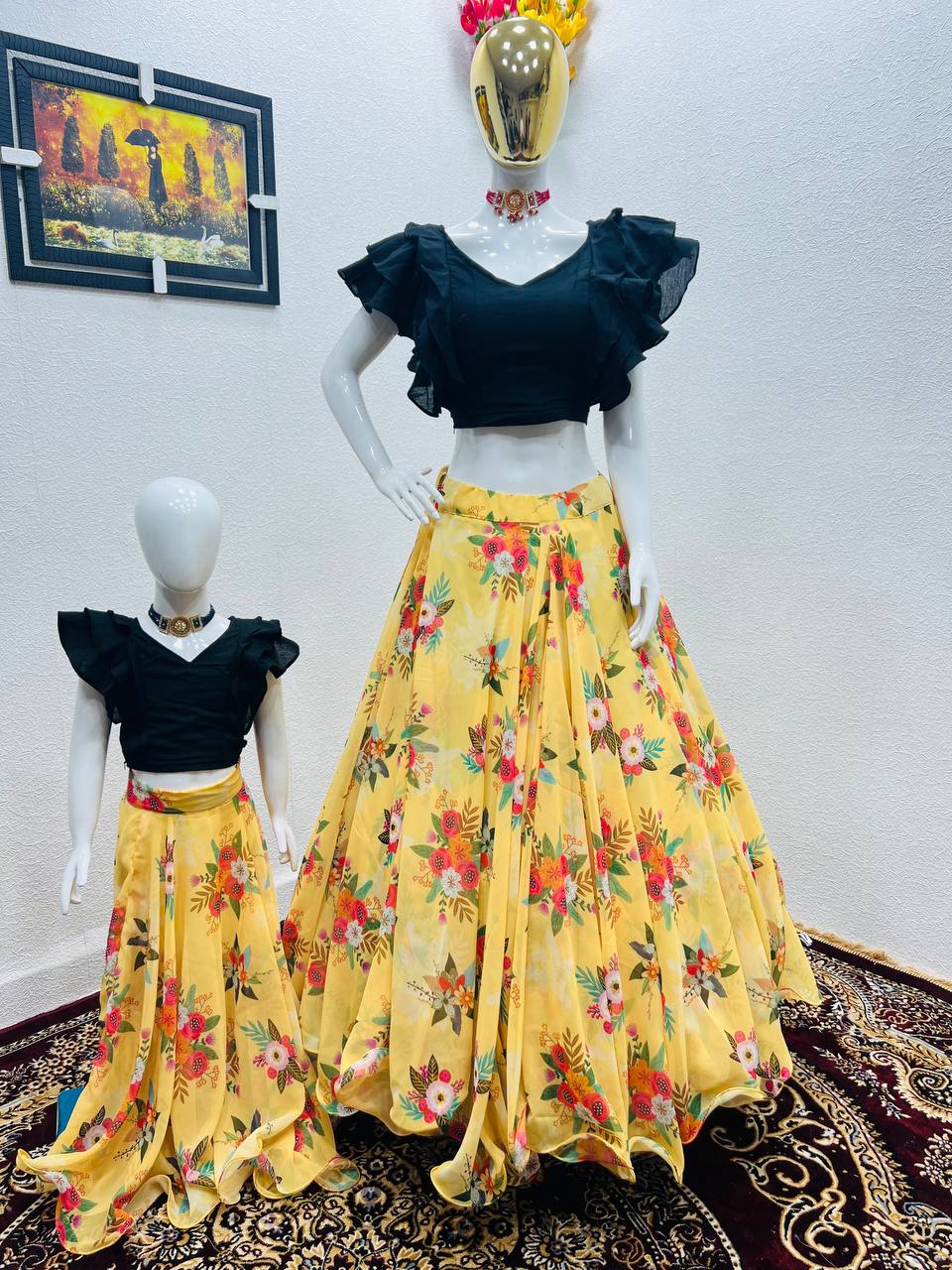 Yellow Color Floral Printed Lehenga with Black Top Mother Daughter Combo Clothsvilla