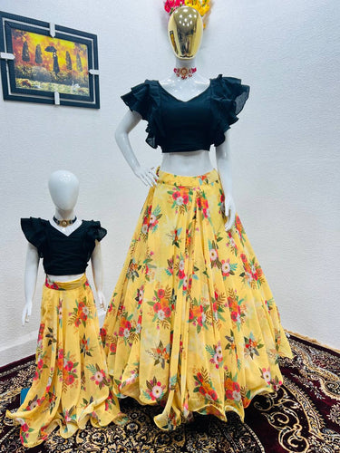 Yellow Color Floral Printed Lehenga with Black Top Mother Daughter Combo Clothsvilla