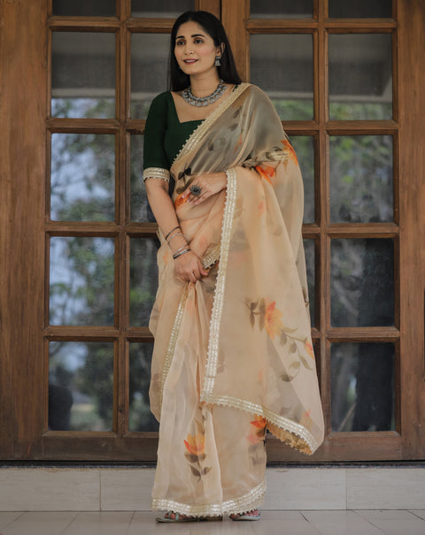 Yellow Color Lace Work Flower Print Organza Saree Clothsvilla Main image