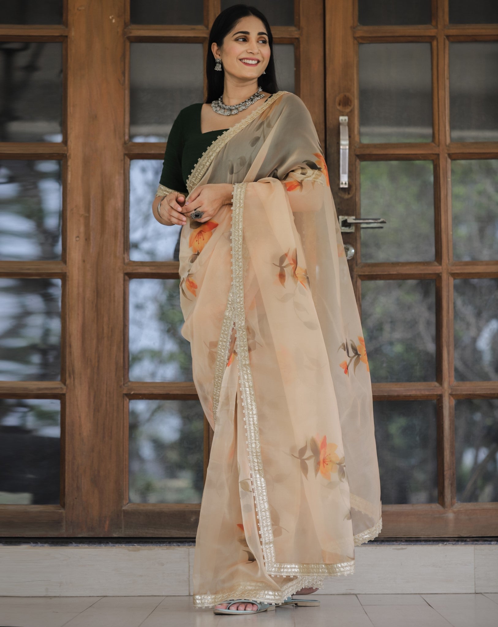 Yellow Color Lace Work Flower Print Organza Saree Clothsvilla