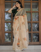 Load image into Gallery viewer, Yellow Color Lace Work Flower Print Organza Saree Clothsvilla