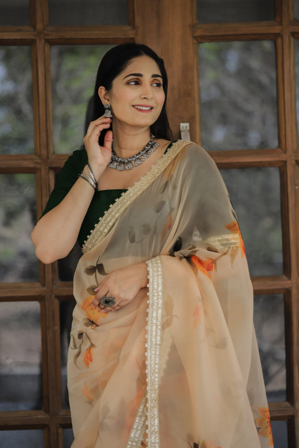 Yellow Color Lace Work Flower Print Organza Saree Clothsvilla