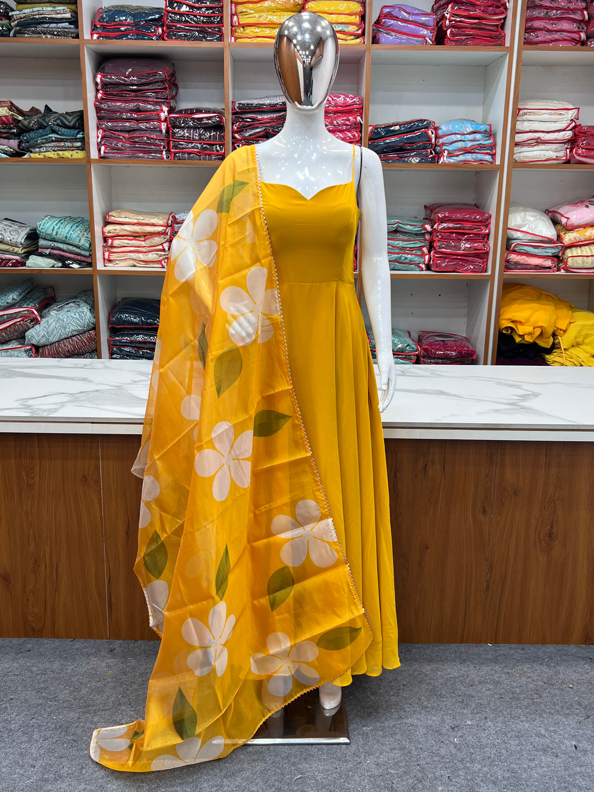 Yellow Color Pure Fux Georgette Fully Flair Gown Dupatta Set Ready To wear Fully Stitched Clothsvilla Main image