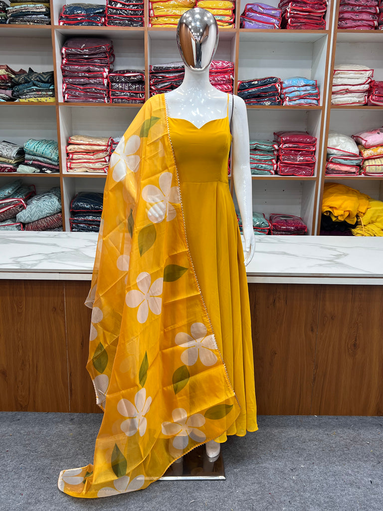 Yellow Color Pure Fux Georgette Fully Flair Gown Dupatta Set Ready To wear Fully Stitched Clothsvilla