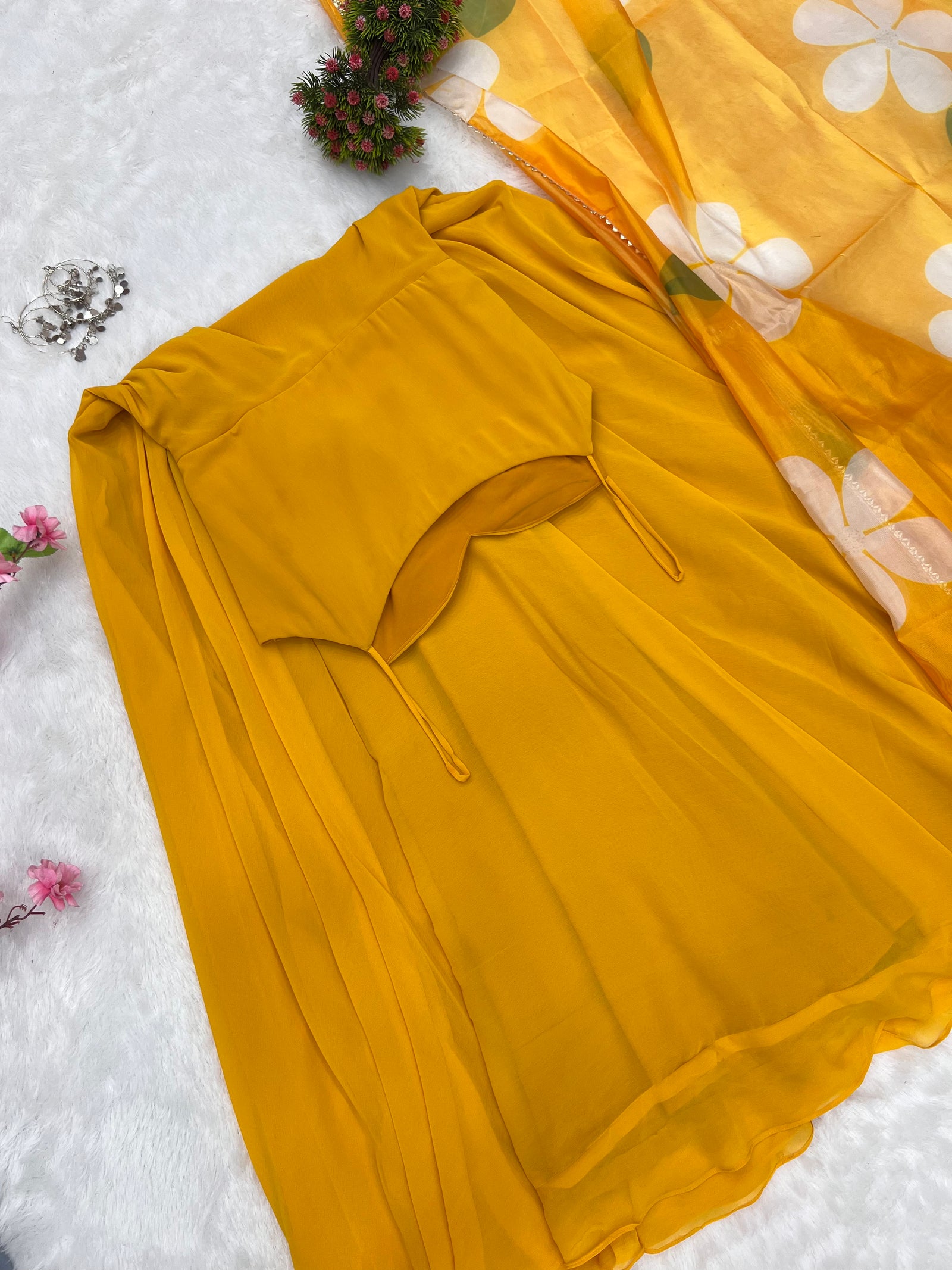 Yellow Color Pure Fux Georgette Fully Flair Gown Dupatta Set Ready To wear Fully Stitched Clothsvilla