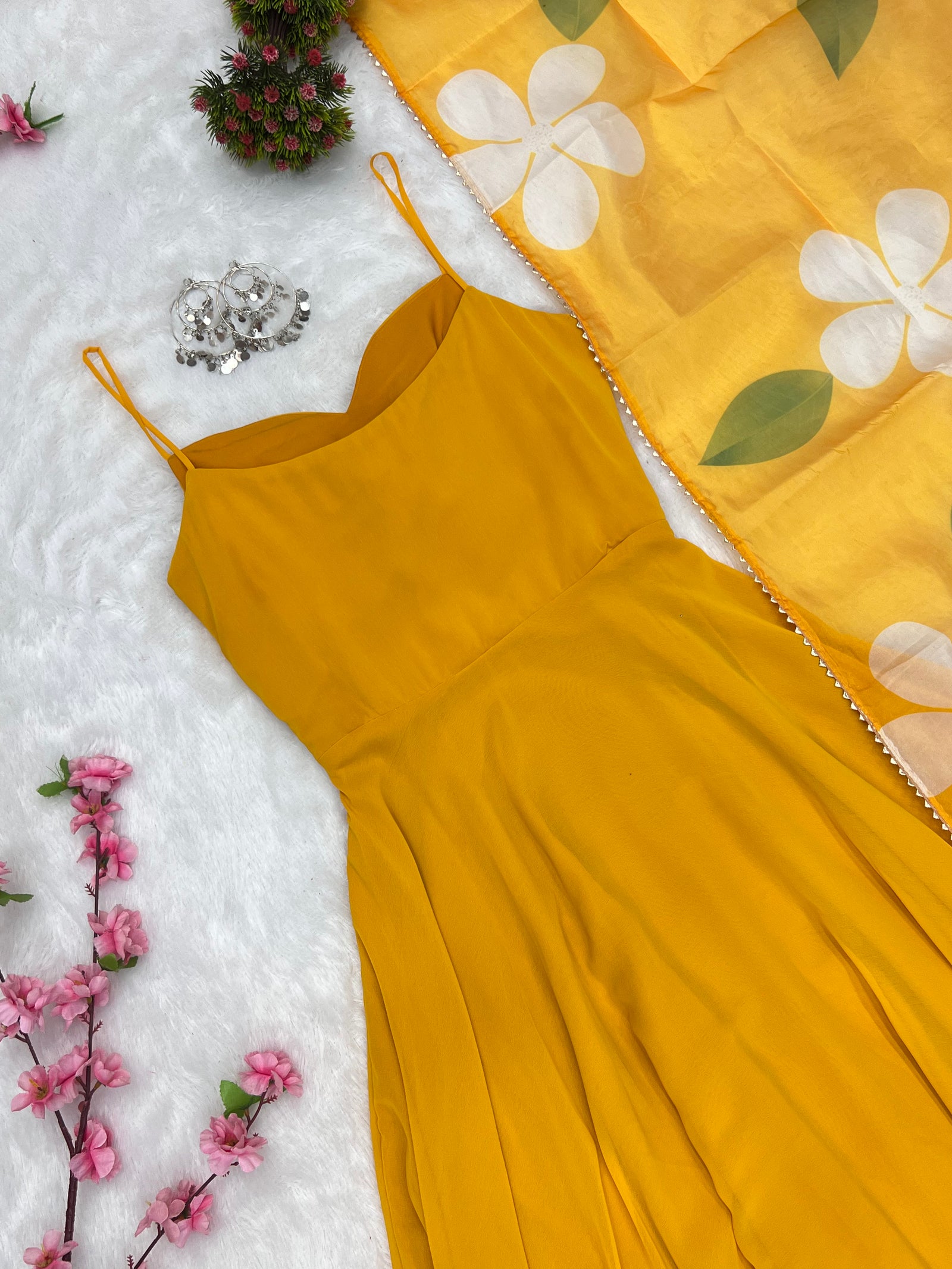 Yellow Color Pure Fux Georgette Fully Flair Gown Dupatta Set Ready To wear Fully Stitched Clothsvilla